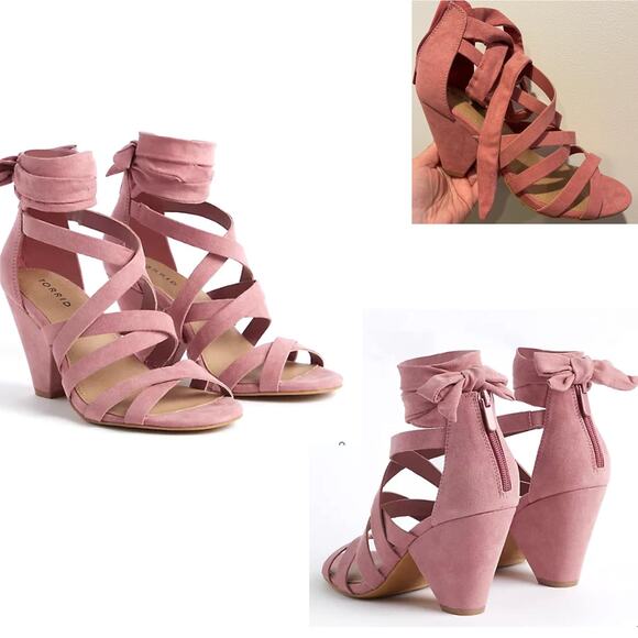 New Torrid 8WW Sexy Strappy Cone Heel Faux Suede Rose Pink 3.5" Heels Shoes - Picture 3 of 5